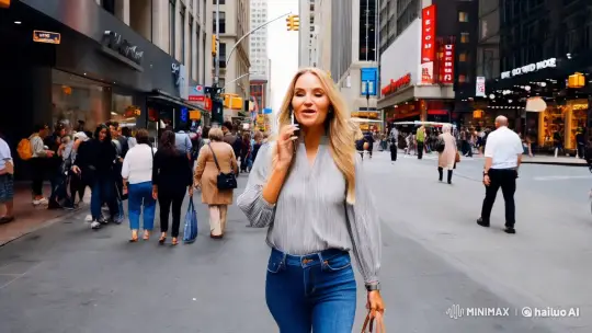 Sophisticated Woman in Vibrant Cityscape Captured in 4K UHD – AI Generated Video | Hailuo AI