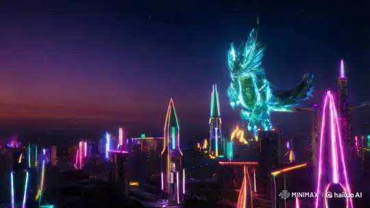 Ethereal Creature Transforms Across Futuristic City at Twilight – AI Generated Video | Hailuo AI