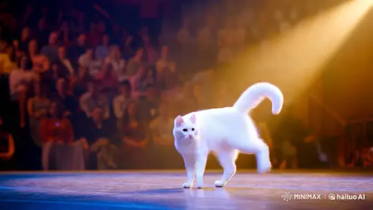 Elegant White Cat Pirouettes on Stage in Slow-Motion Ballet – AI Generated Video | Hailuo AI