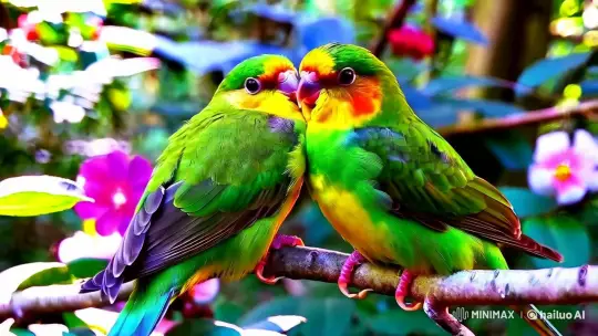 Affectionate Lovebirds in Cozy Forest Setting – AI Generated Video | Hailuo AI