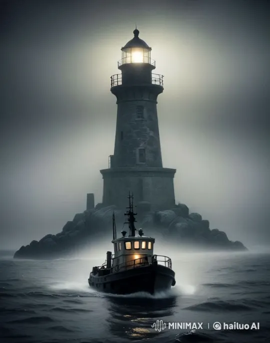 Tugboat Navigates Stormy Seas Toward Lighthouse Beacon – AI Generated Video | Hailuo AI