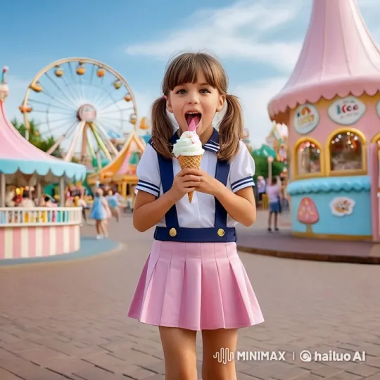 Joyful Girl Enjoying Ice Cream at Vibrant Amusement Park – AI Generated Video | Hailuo AI