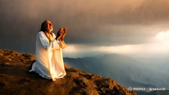 Elderly Arab Man in Spiritual Moment on Mountain Peak – AI Generated Video | Hailuo AI