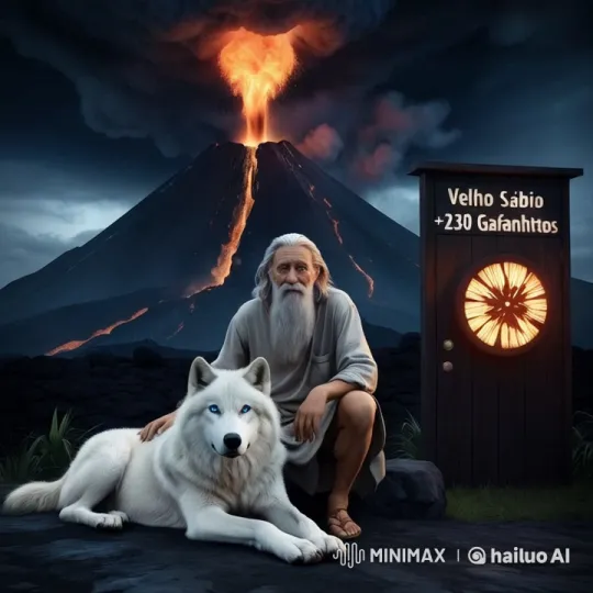 Volcano Eruption背景下，老智者与白狼的温馨互动 – AI Generated Video | Hailuo AI