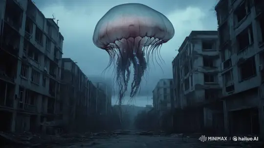 Majestic Jellyfish Floats Over Eerie Urban Ruins – AI Generated Video | Hailuo AI