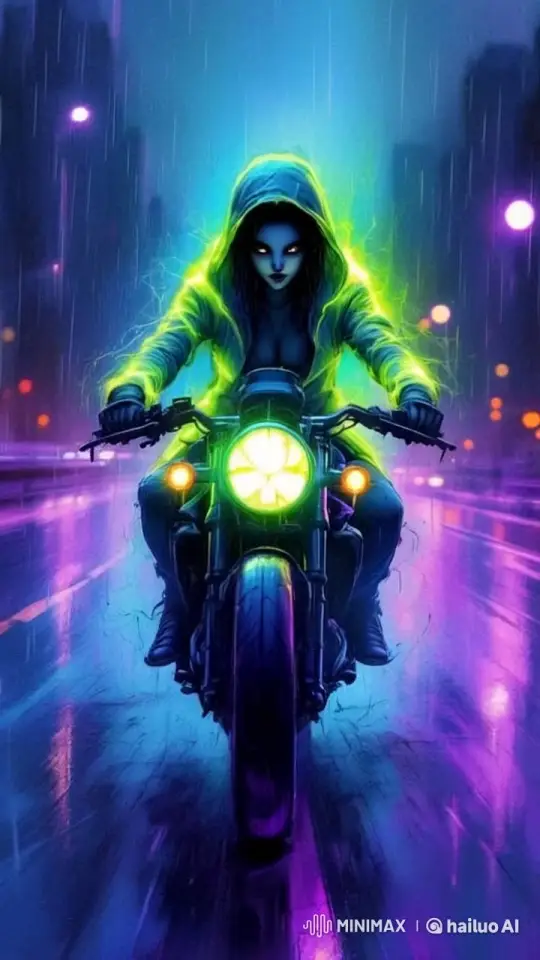 Phosphorescent Apparition Rides Through Eerie Cityscape – AI Generated Video | Hailuo AI