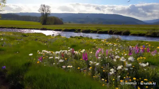 Vibrant Spring Landscape with Wildflowers and River – AI Generated Video | Hailuo AI