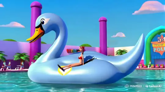 Summer Pool Party: Giant Swan Deflates with Model – AI Generated Video | Hailuo AI