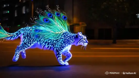 Peacock-Feathered Puma Glows in Nocturnal Cityscape – AI Generated Video | Hailuo AI