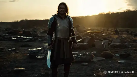 Warrior's Resolute Stand Amidst Desolate Battlefield – AI Generated Video | Hailuo AI