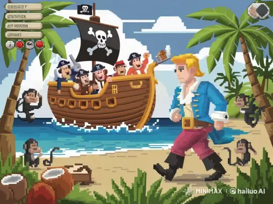 Pirates Celebrate Energetically on a Lively Beach with Monkeys – AI Generated Video | Hailuo AI