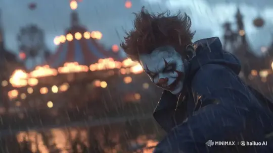 Sinister Clown Stares in Rainy Carnival Ambience – AI Generated Video | Hailuo AI