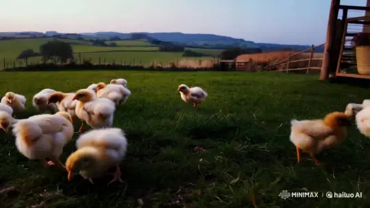 Chicks Explore Pastoral Farmyard in Serene Slow Motion – AI Generated Video | Hailuo AI