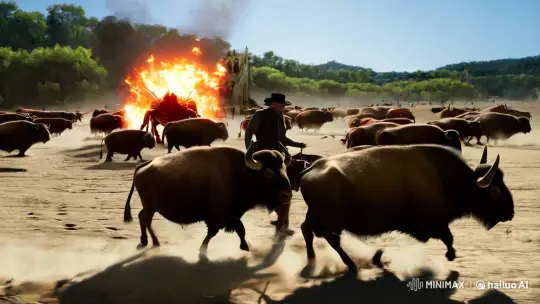 Wild West Cowboys Chase Buffaloes Amidst Fiery Giant Bugs – AI Generated Video | Hailuo AI