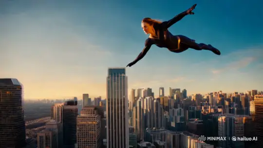 Superheroine Soars Over Sunset-Gilded Cityscape – AI Generated Video | Hailuo AI