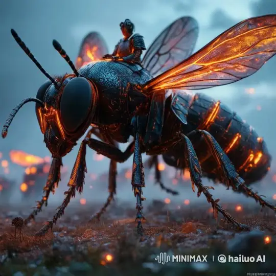 Bioluminescent Bee with Rider in Misty Landscape – AI Generated Video | Hailuo AI