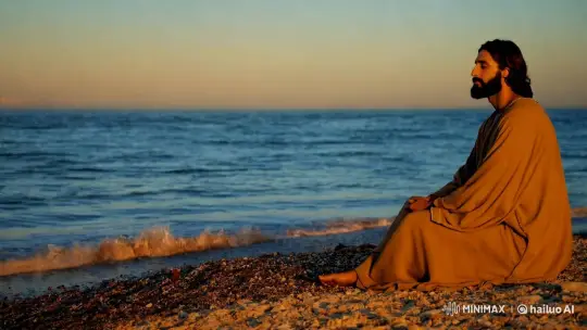 Jesus Contemplates the Sea at Sunset – AI Generated Video | Hailuo AI