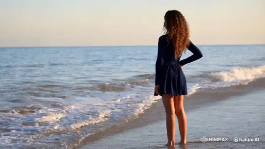 Charming Girl in Curly Hair Poses on Shoreline – AI Generated Video | Hailuo AI