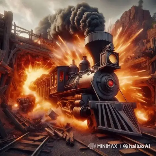 Steam Locomotive Breaks Through Fire and Wood in Intense Action Scene – AI Generated Video | Hailuo AI