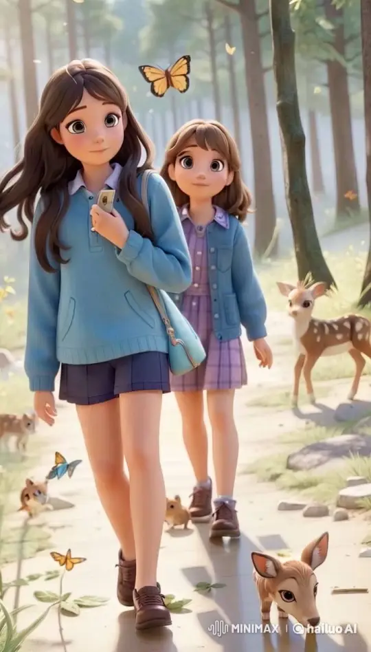 Girls Stroll Through Enchanted Forest with Wildlife – AI Generated Video | Hailuo AI