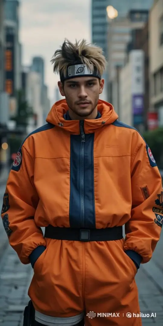 Young Man in Anime-Inspired Hoodie Smiles in Cityscape – AI Generated Video | Hailuo AI
