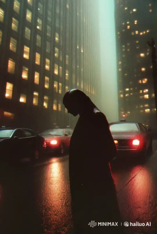 Man Reflects Amidst Rainy Urban Streetscape – AI Generated Video | Hailuo AI