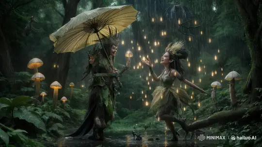 Mystical Creatures in Enchanted Rainy Forest – AI Generated Video | Hailuo AI