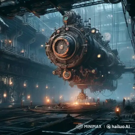Steampunk Airship Showcased in Industrial Hangar Setting – AI Generated Video | Hailuo AI