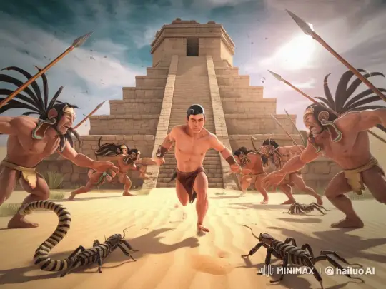 Ancient Pyramid Chase: Man Evades Warriors Amidst Threatening Insects – AI Generated Video | Hailuo AI