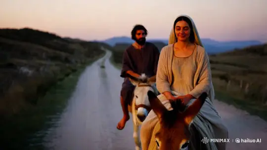 Mary and Joseph's Serene Journey on a Dusty Road – AI Generated Video | Hailuo AI