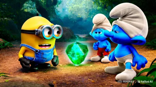 Minions vs. Smurfs: Enchanted Gem Showdown in Lush Forest – AI Generated Video | Hailuo AI