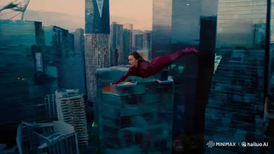 Superheroine Glides Through Futuristic Cityscape – AI Generated Video | Hailuo AI