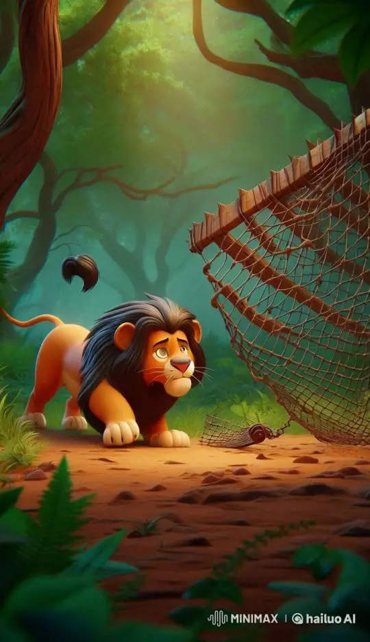 Animated Lion Trapped in Forest Net Trap – AI Generated Video | Hailuo AI