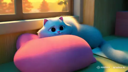 Cozy Comfort: Fluffy Cat on Pink Pillow in Sunlit Room – AI Generated Video | Hailuo AI