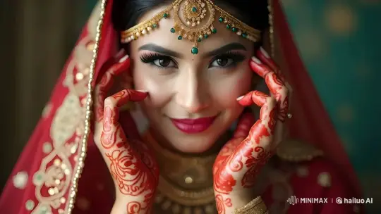 Traditional Bride Showcases Elegance in Red and Gold – AI Generated Video | Hailuo AI