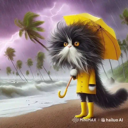 Dressed Cat Endures Storm on Windy Beach – AI Generated Video | Hailuo AI