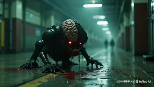 Creature with Exposed Brain Approaches Camera in Dark Hallway – AI Generated Video | Hailuo AI