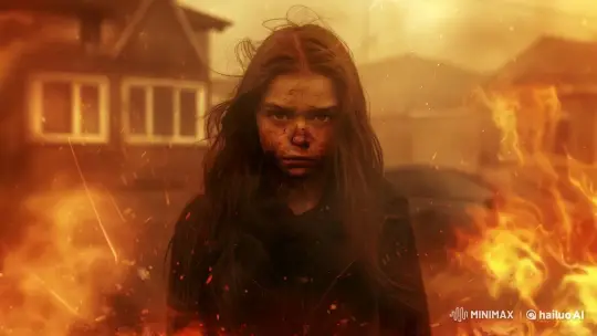 Girl Unleashes Fire Power Amidst House Inferno – AI Generated Video | Hailuo AI