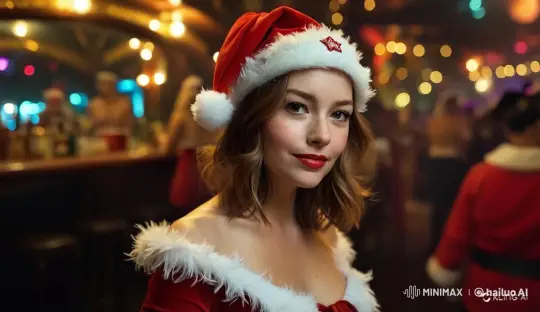 Festive Santa-Costumed Woman Brightens Festive Bar – AI Generated Video | Hailuo AI
