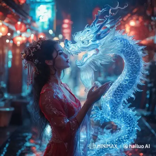 Woman Connects with Luminous Dragon in Enchanted Alley – AI Generated Video | Hailuo AI