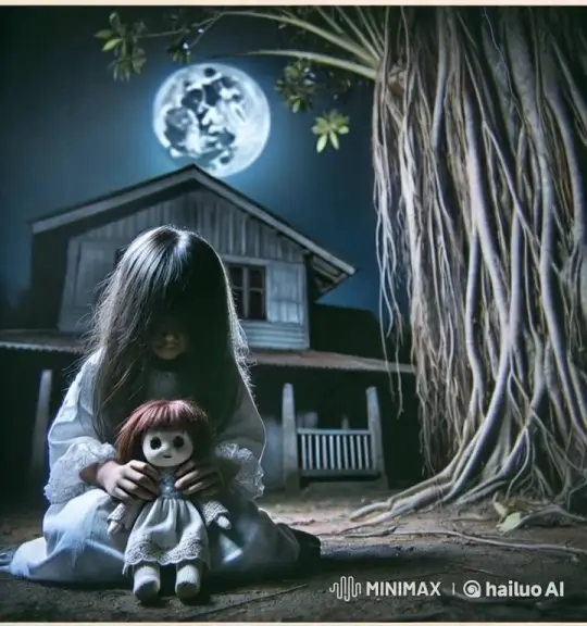 Mysterious Girl Rocks in Front of Haunted House at Night – AI Generated Video | Hailuo AI