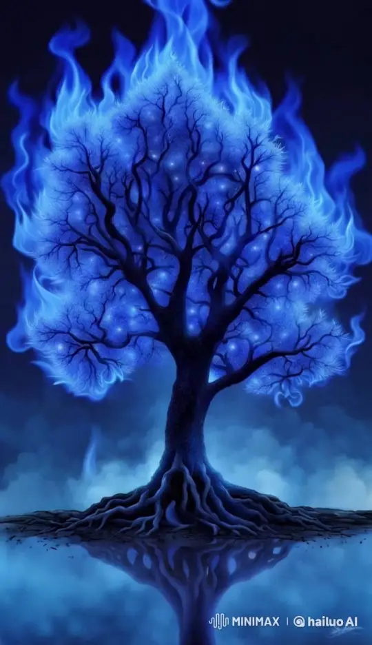 Mystical Tree Enveloped in Enchanting Blue Flames – AI Generated Video | Hailuo AI