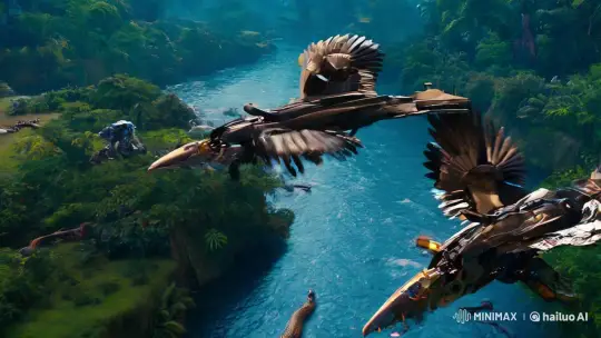 Robotic Birds Battle in Futuristic Jungle Aesthetic – AI Generated Video | Hailuo AI