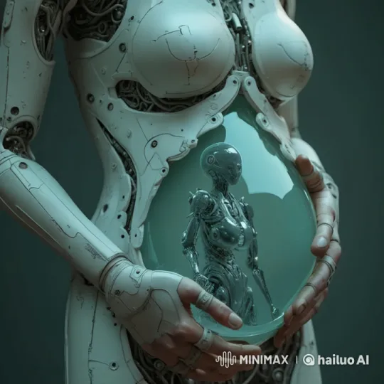 Futuristic Robot Woman Examines Encased Robot in Mirror – AI Generated Video | Hailuo AI