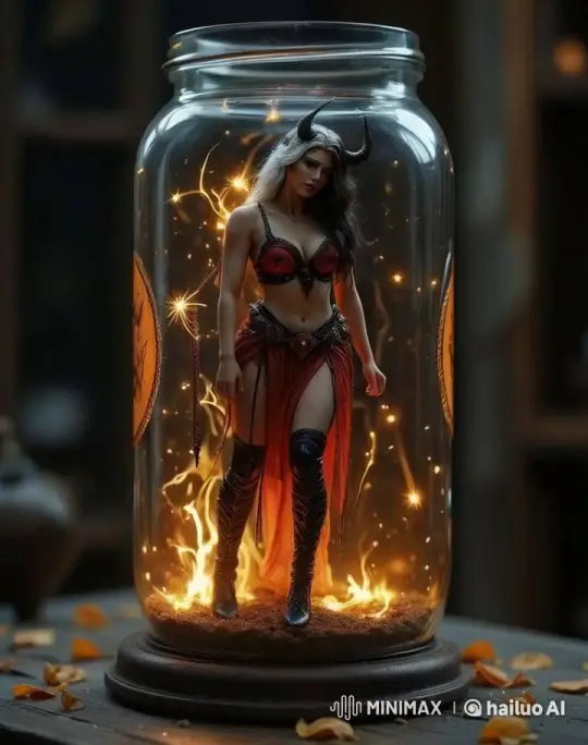Magical Woman in Enchanted Jar with Flaming Background – AI Generated Video | Hailuo AI