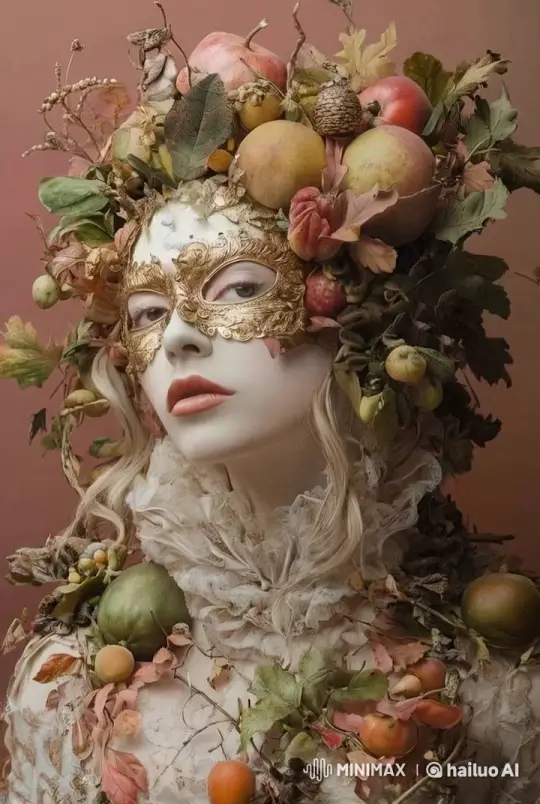 Autumnal Costume: A Woman in Golden Mask and Botanical Headdress – AI Generated Video | Hailuo AI