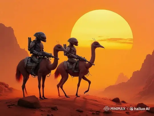 Armored Riders Journey Through Alien Landscape at Sunset – AI Generated Video | Hailuo AI