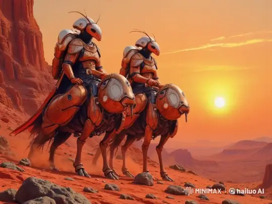 Futuristic Warriors on Mechanical Steeds in Desert Sunset – AI Generated Video | Hailuo AI
