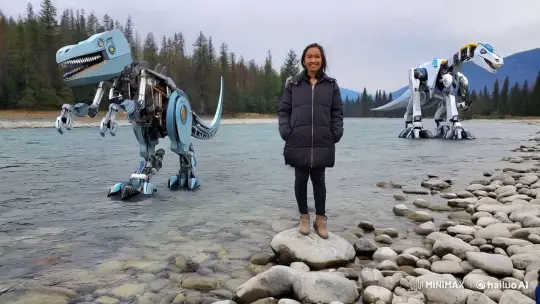 Woman with Mechanical Dinosaurs in Serene River Setting – AI Generated Video | Hailuo AI