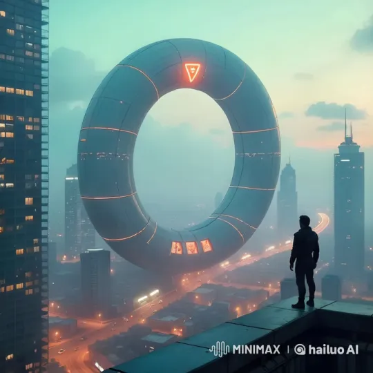 Futuristic Rooftop View: Figure Observes Floating Structure – AI Generated Video | Hailuo AI